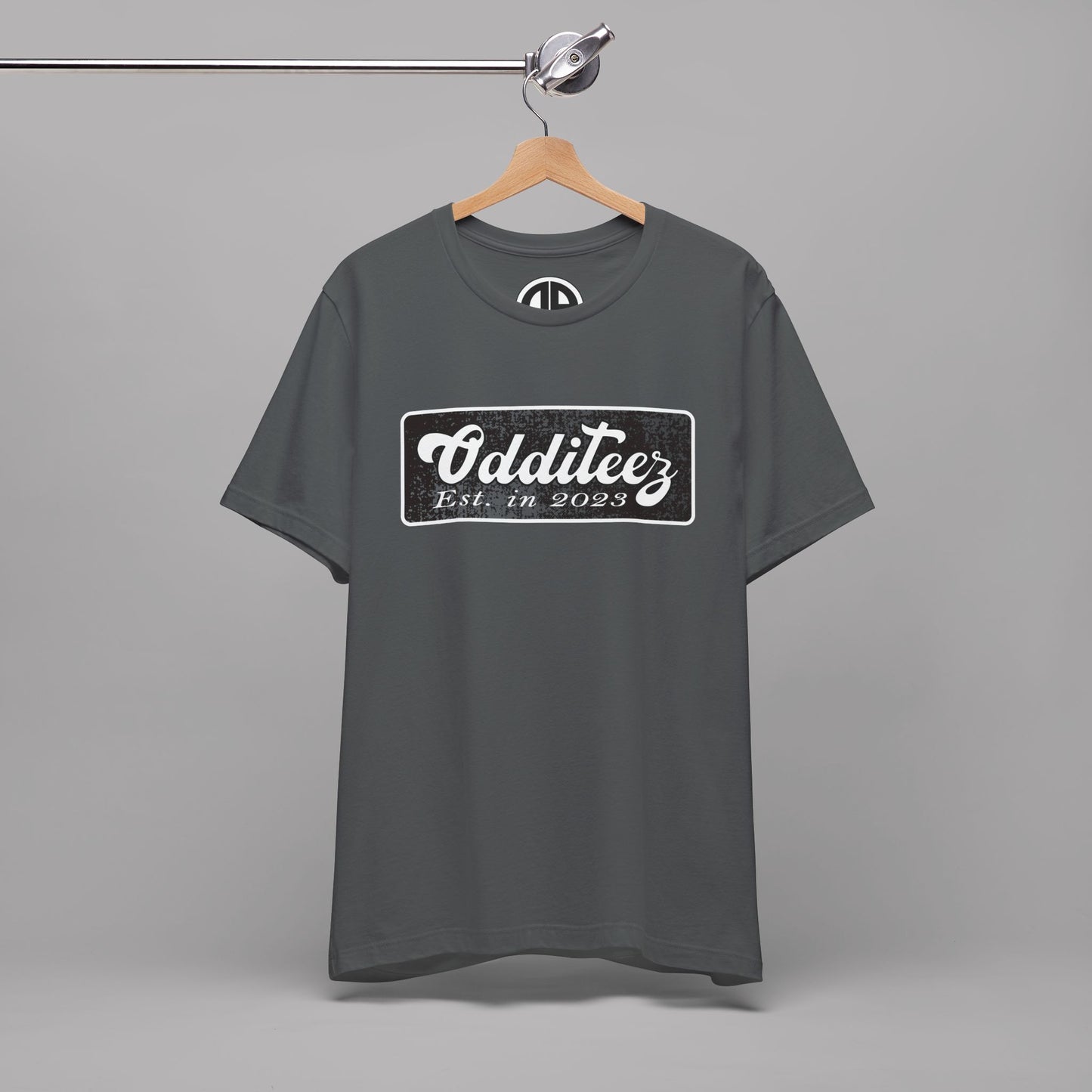 Vintage White Odditeez Varsity Letters rectangular logo design, Unisex Adult Short-Sleeve Graphic Print T-Shirts