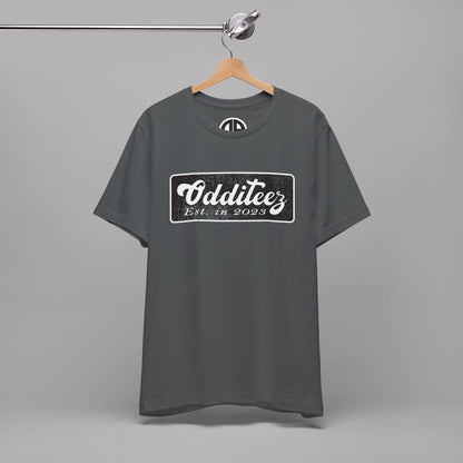 Vintage White Odditeez Varsity Letters rectangular logo design, Unisex Adult Short-Sleeve Graphic Print T-Shirts