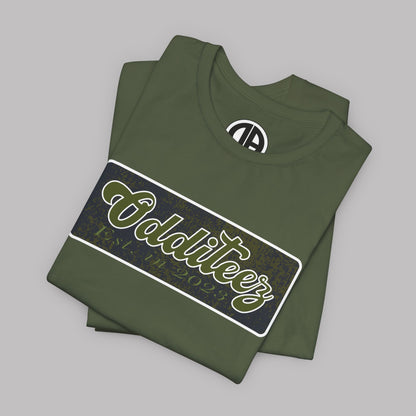 Vintage Military Green Odditeez Varsity Letters rectangular logo design, Unisex Adult Short-Sleeve Graphic Print T-Shirts