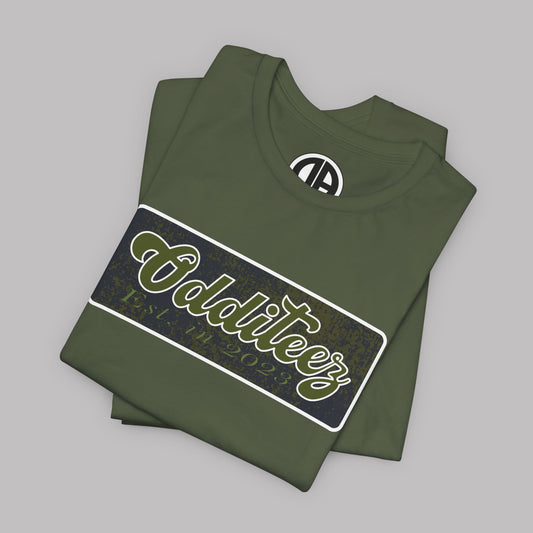 Vintage Military Green Odditeez Varsity Letters rectangular logo design, Unisex Adult Short-Sleeve Graphic Print T-Shirts
