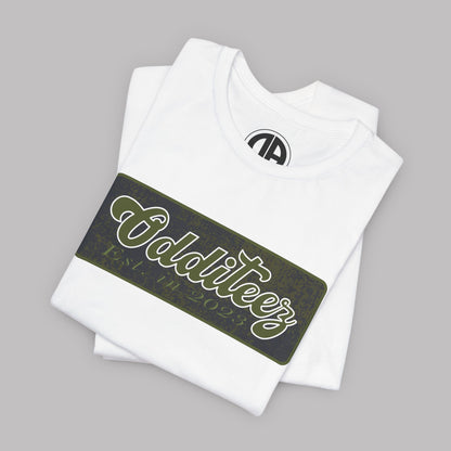 Vintage Military Green Odditeez Varsity Letters rectangular logo design, Unisex Adult Short-Sleeve Graphic Print T-Shirts