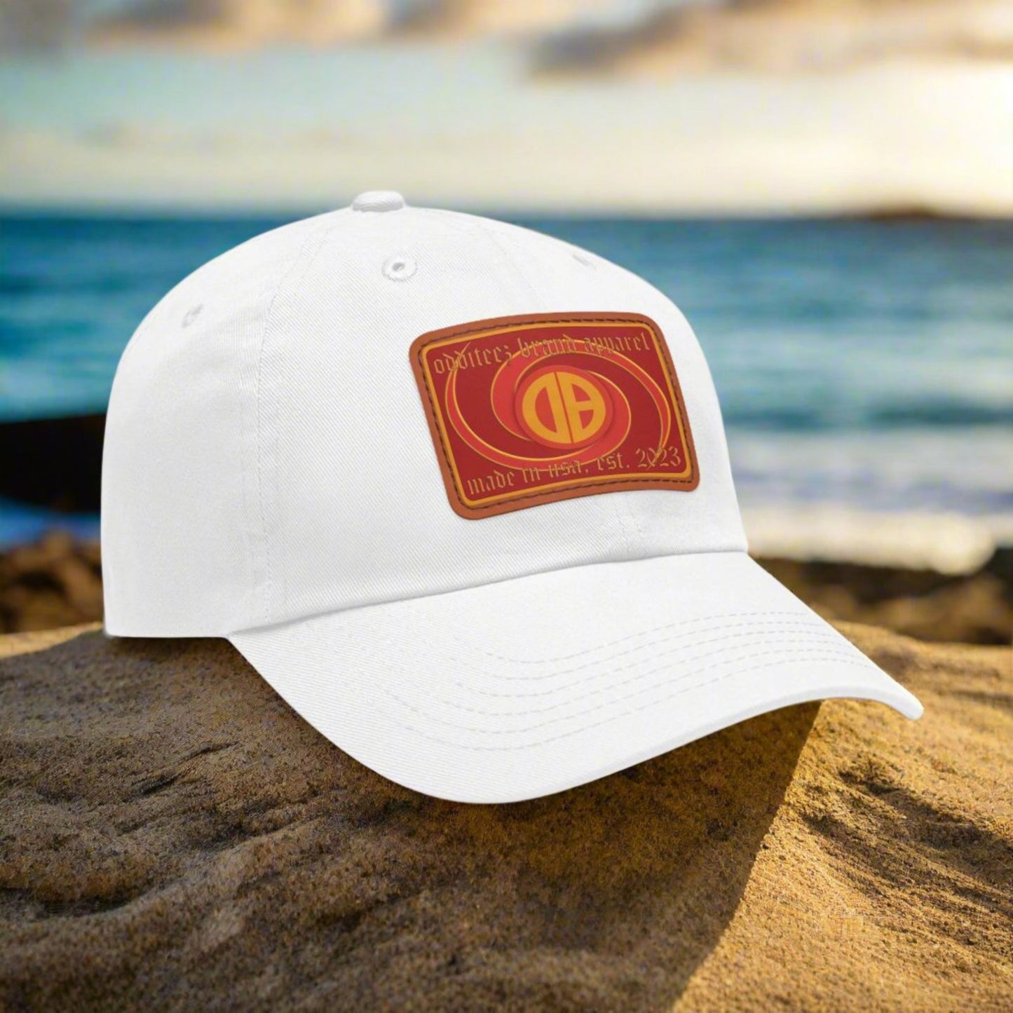 Psychedelic Swirly 3D effect logo design, Unisex Dad Hat with Red Rectangular Leather Patch