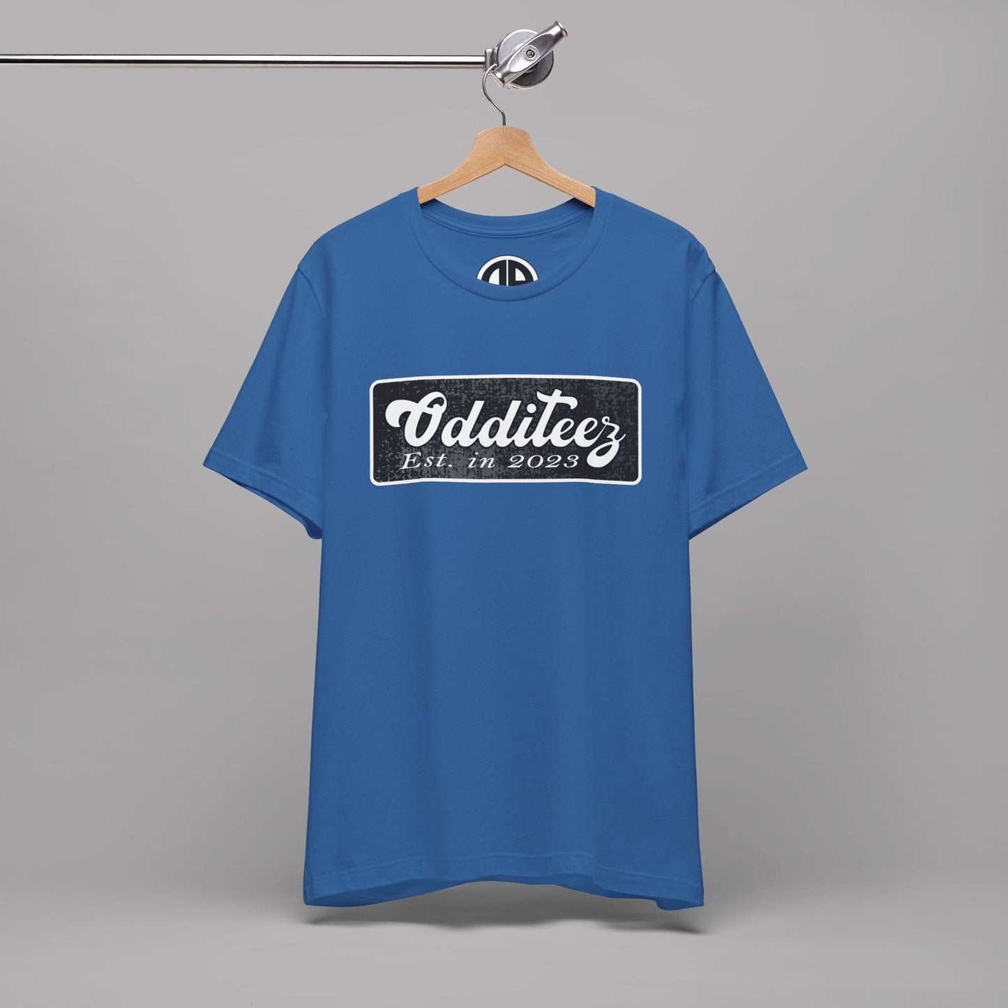 Vintage White Odditeez Varsity Letters rectangular logo design, Unisex Adult Short-Sleeve Graphic Print T-Shirts