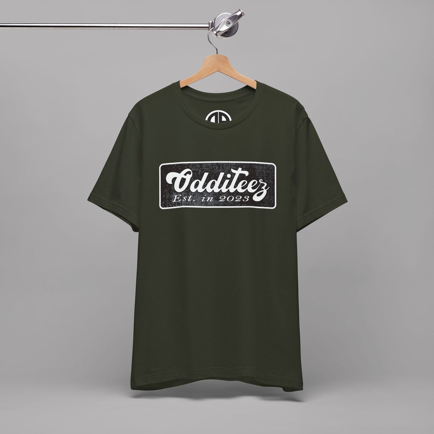 Vintage White Odditeez Varsity Letters rectangular logo design, Unisex Adult Short-Sleeve Graphic Print T-Shirts