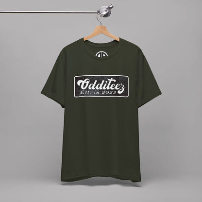 Vintage White Odditeez Varsity Letters rectangular logo design, Unisex Adult Short-Sleeve Graphic Print T-Shirts
