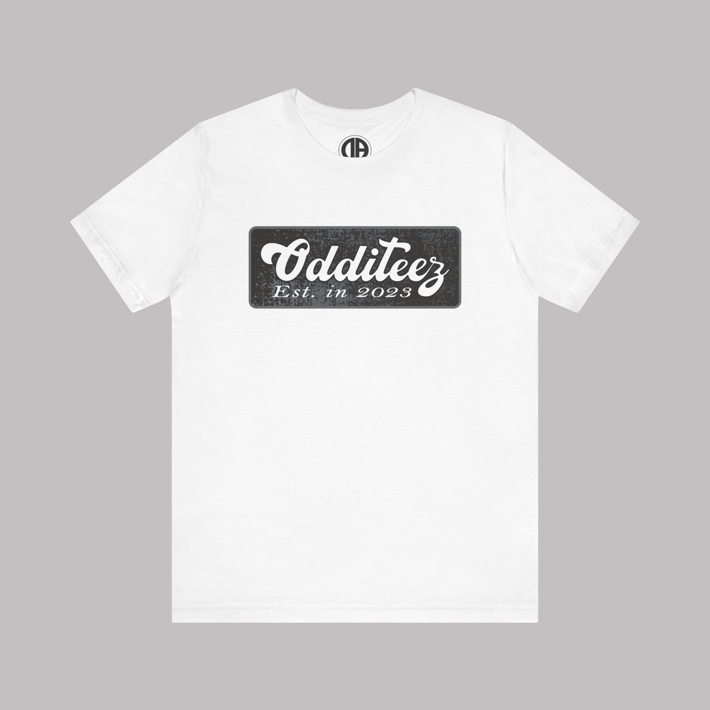 Vintage White Odditeez Varsity Letters rectangular logo design, Unisex Adult Short-Sleeve Graphic Print T-Shirts