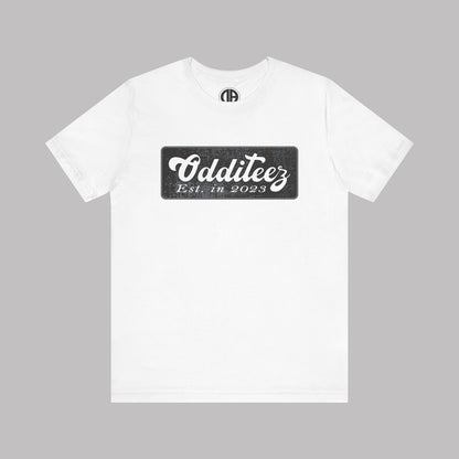 Vintage White Odditeez Varsity Letters rectangular logo design, Unisex Adult Short-Sleeve Graphic Print T-Shirts
