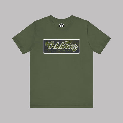 Vintage Military Green Odditeez Varsity Letters rectangular logo design, Unisex Adult Short-Sleeve Graphic Print T-Shirts