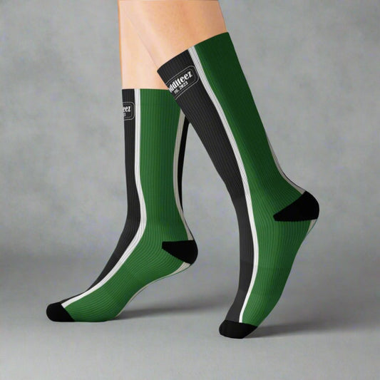 Black & White Striped logo design, Dark Alien Green Unisex Calf-Length Sublimation Socks, 1 pair