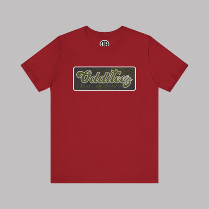 Vintage Military Green Odditeez Varsity Letters rectangular logo design, Unisex Adult Short-Sleeve Graphic Print T-Shirts