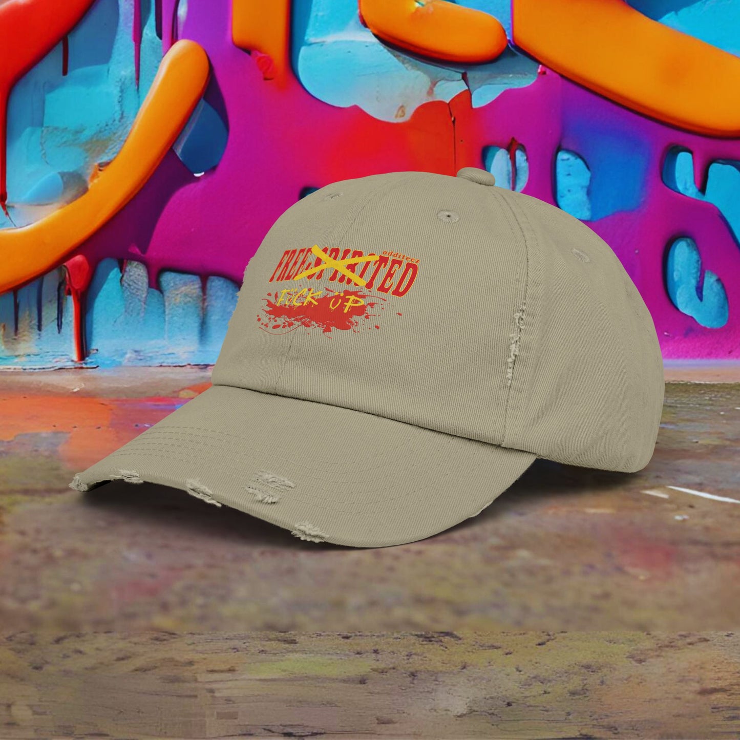 "Free-Spirited" Dark Red & Yellow Graffiti Spraypainted logo design, Unisex Distressed Baseball Caps