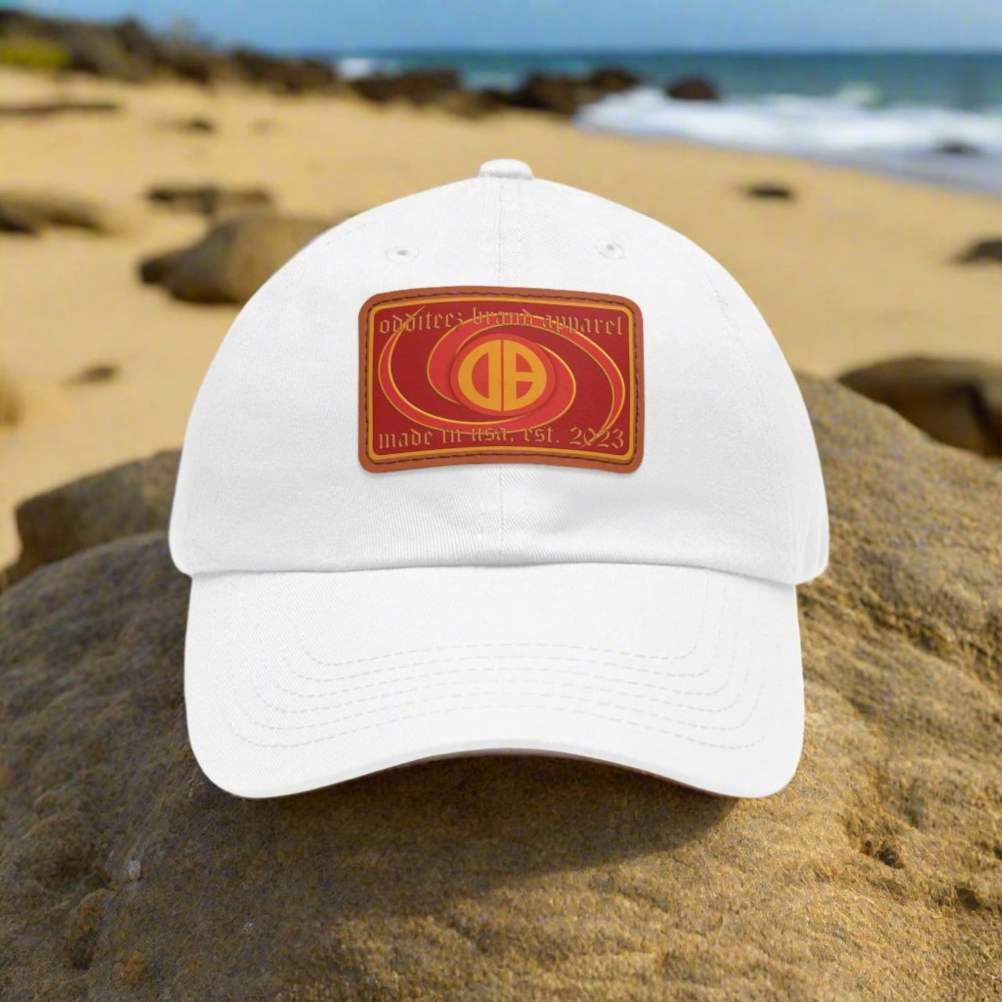 Psychedelic Swirly 3D effect logo design, Unisex Dad Hat with Red Rectangular Leather Patch