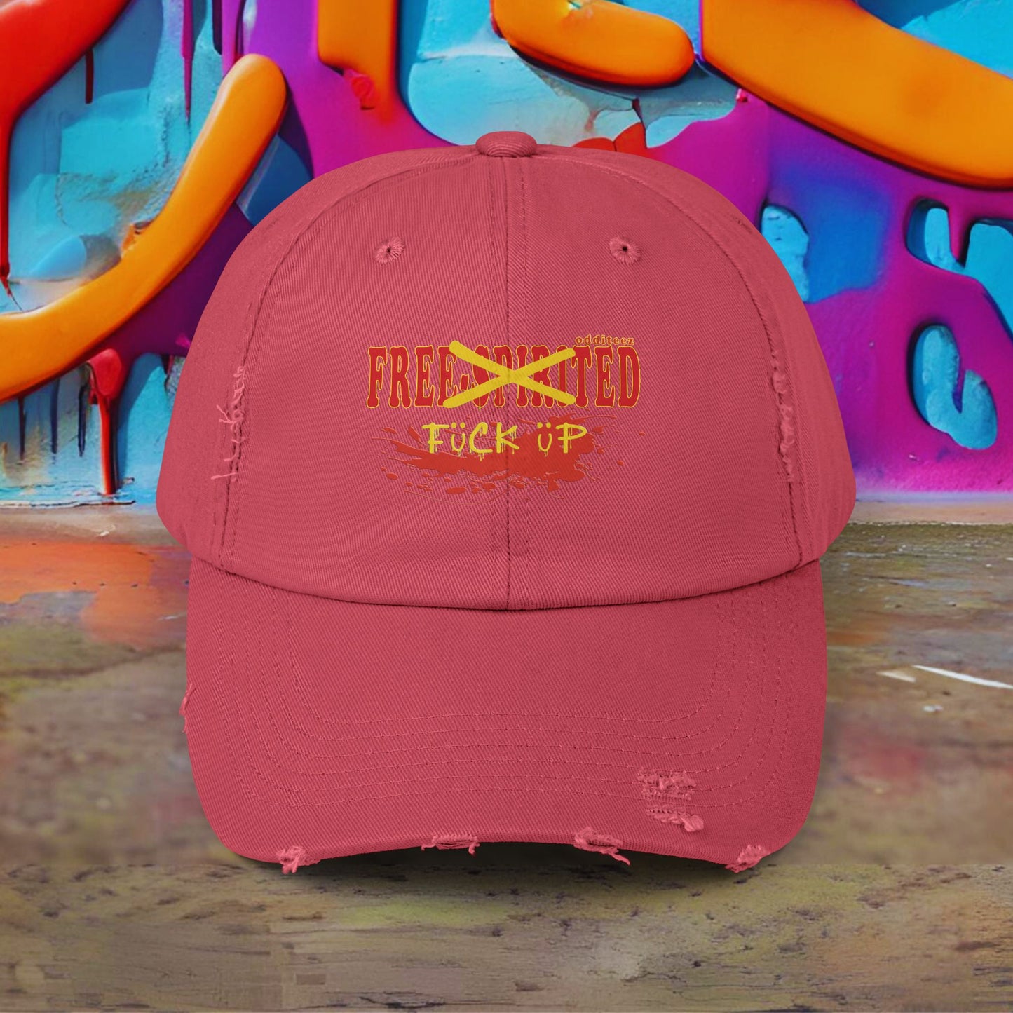 "Free-Spirited" Dark Red & Yellow Graffiti Spraypainted logo design, Unisex Distressed Baseball Caps