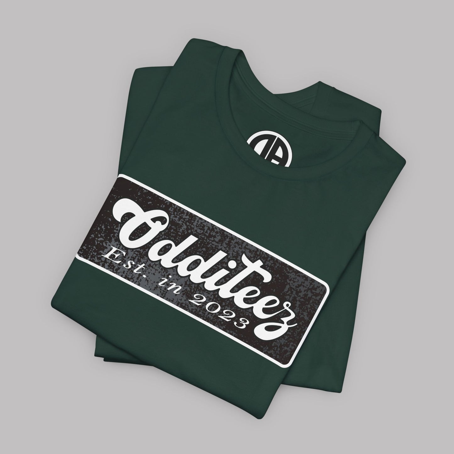 Vintage White Odditeez Varsity Letters rectangular logo design, Unisex Adult Short-Sleeve Graphic Print T-Shirts