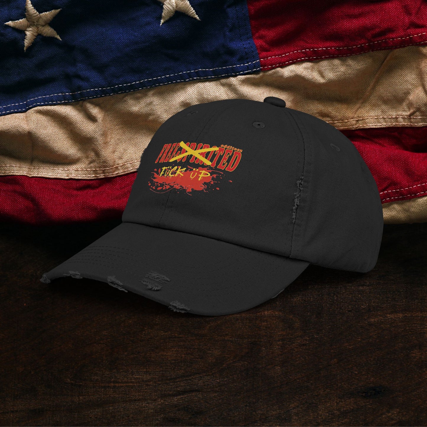 "Free-Spirited" Dark Red Graffiti logo design, Unisex Distressed Baseball Cap