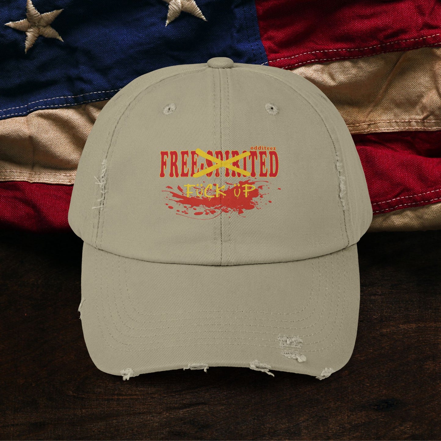 "Free-Spirited" Dark Red Graffiti logo design, Unisex Distressed Baseball Cap