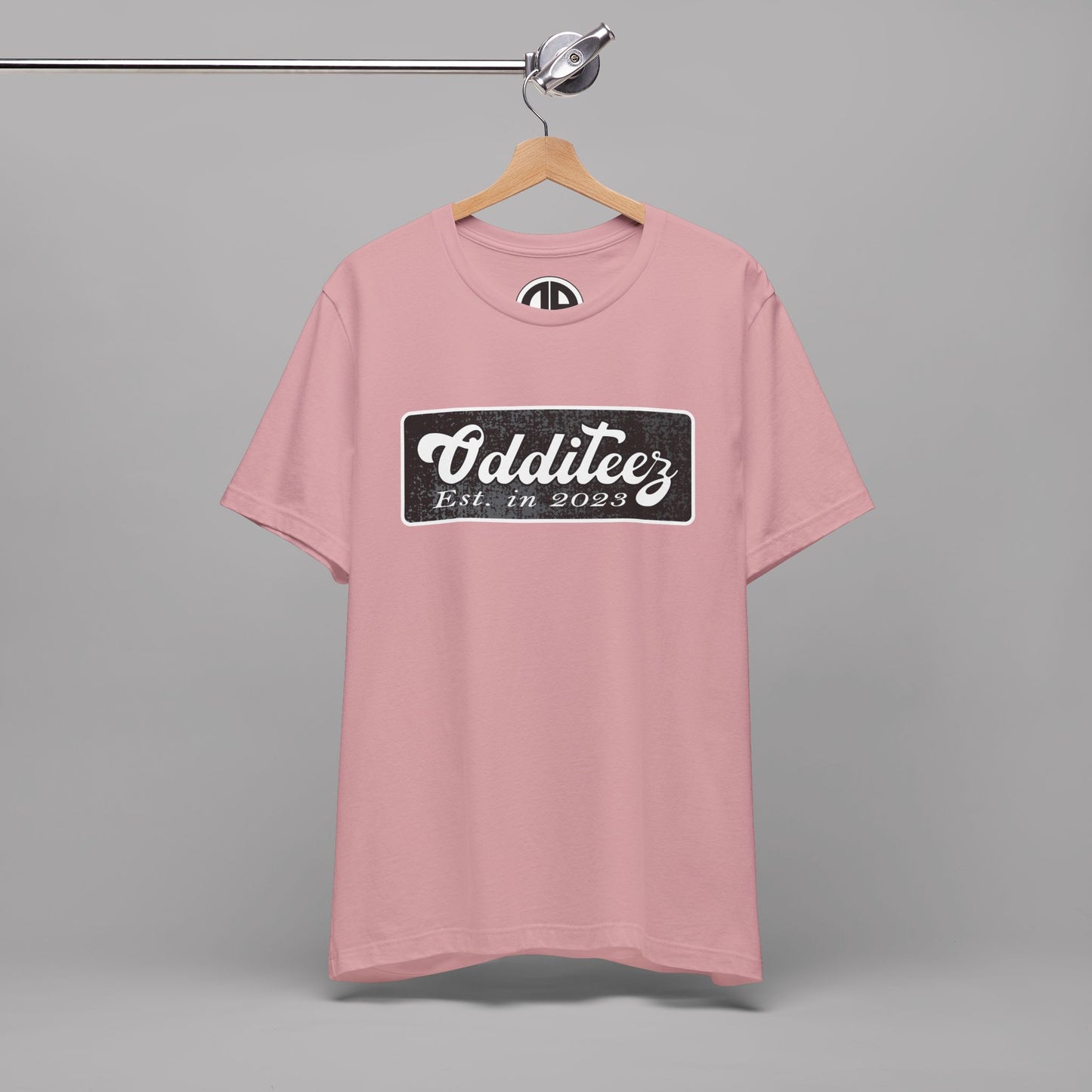 Vintage White Odditeez Varsity Letters rectangular logo design, Unisex Adult Short-Sleeve Graphic Print T-Shirts