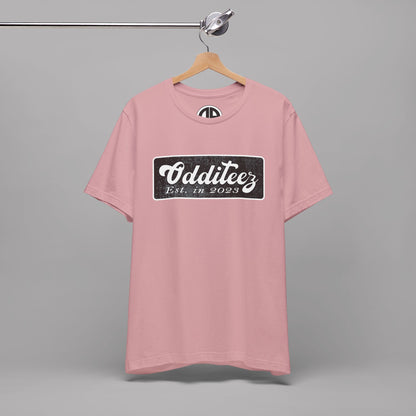 Vintage White Odditeez Varsity Letters rectangular logo design, Unisex Adult Short-Sleeve Graphic Print T-Shirts