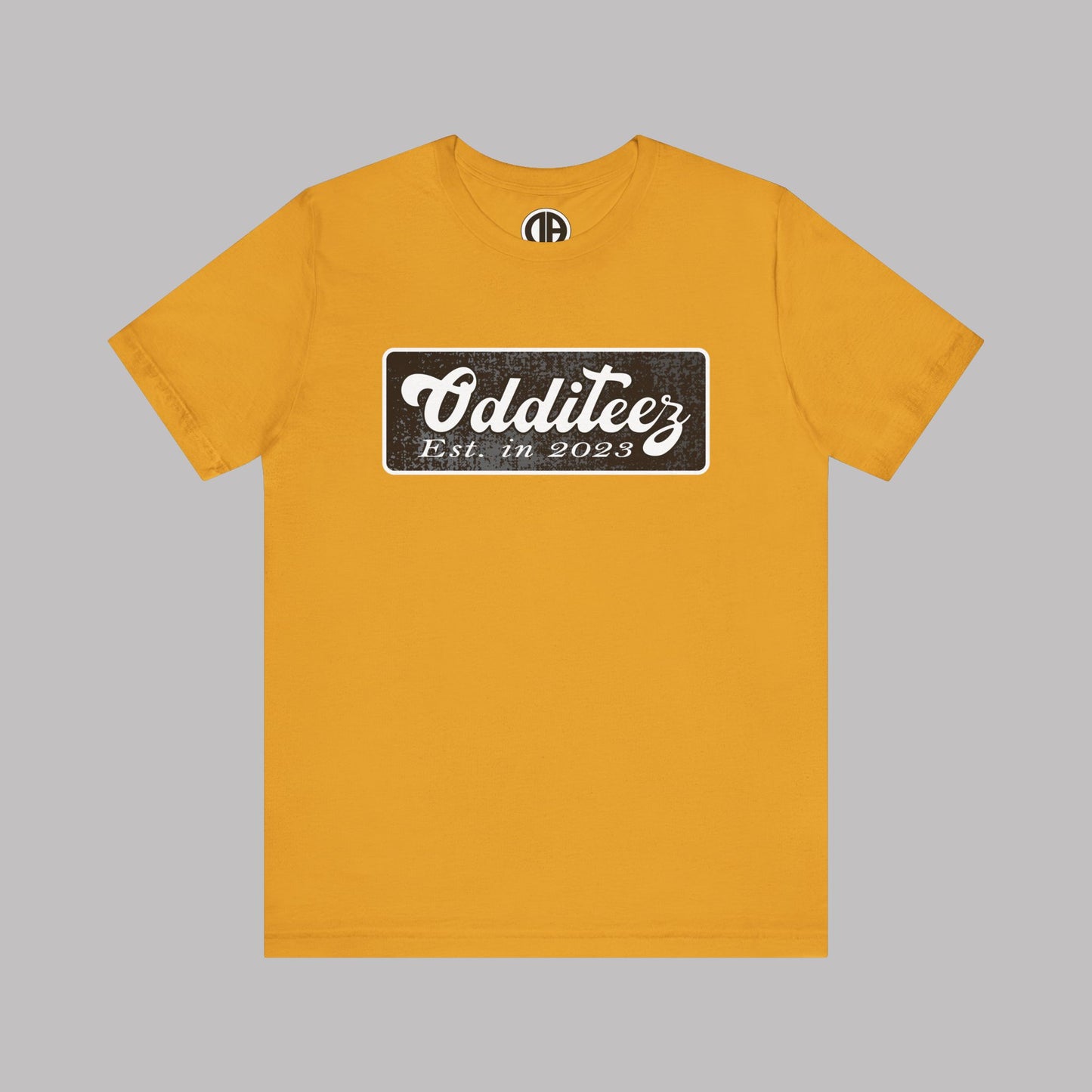 Vintage White Odditeez Varsity Letters rectangular logo design, Unisex Adult Short-Sleeve Graphic Print T-Shirts