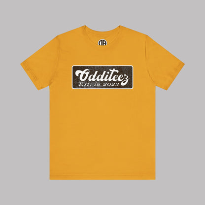 Vintage White Odditeez Varsity Letters rectangular logo design, Unisex Adult Short-Sleeve Graphic Print T-Shirts