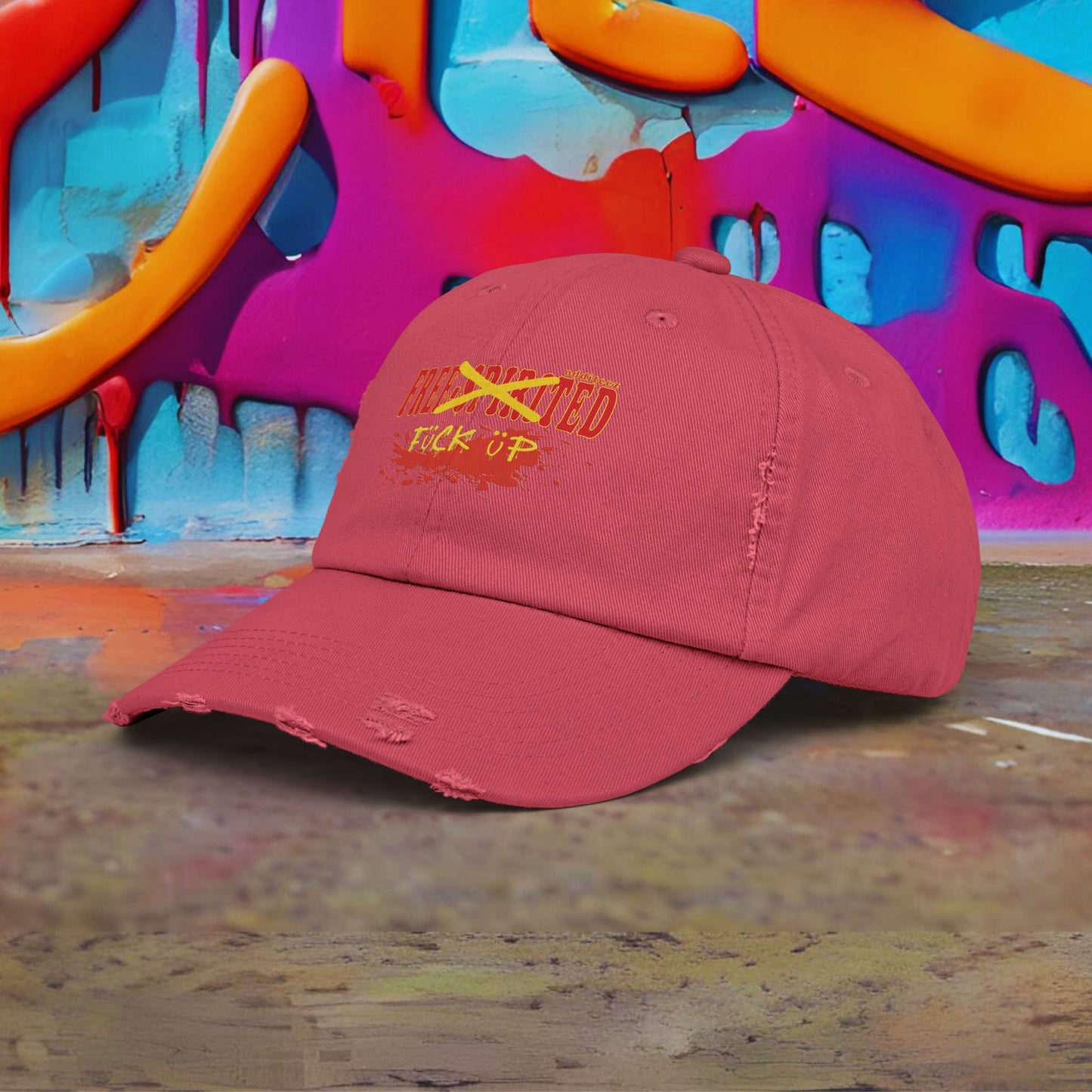 "Free-Spirited" Dark Red & Yellow Graffiti Spraypainted logo design, Unisex Distressed Baseball Caps