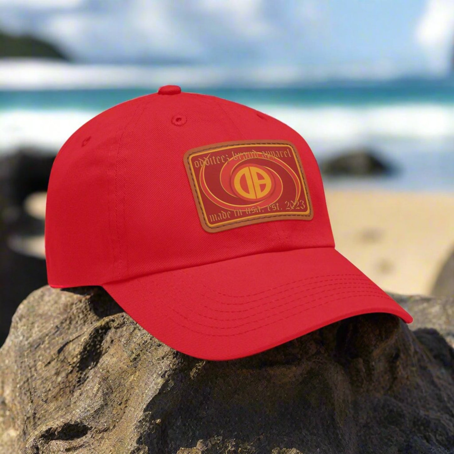 Psychedelic Swirly 3D effect logo design, Unisex Dad Hat with Red Rectangular Leather Patch