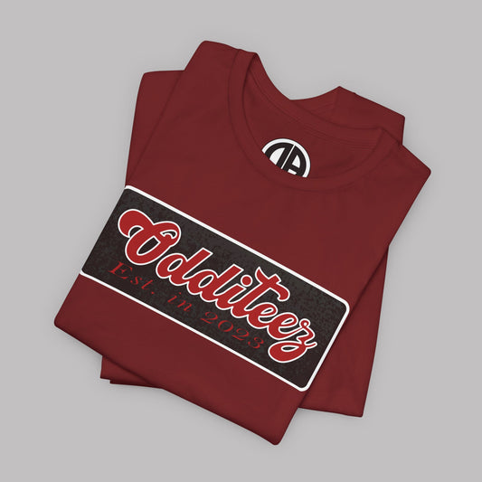 Vintage Devil's Red Odditeez Varsity Letters rectangular logo design, Unisex Adult Short-Sleeve Graphic Print T-Shirts