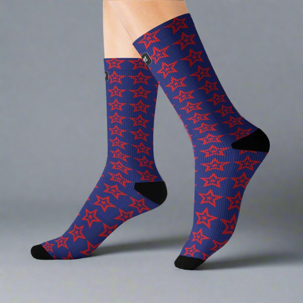 Red Star design, Dark Blue Unisex Calf-Length Sublimation Socks, 1 pair