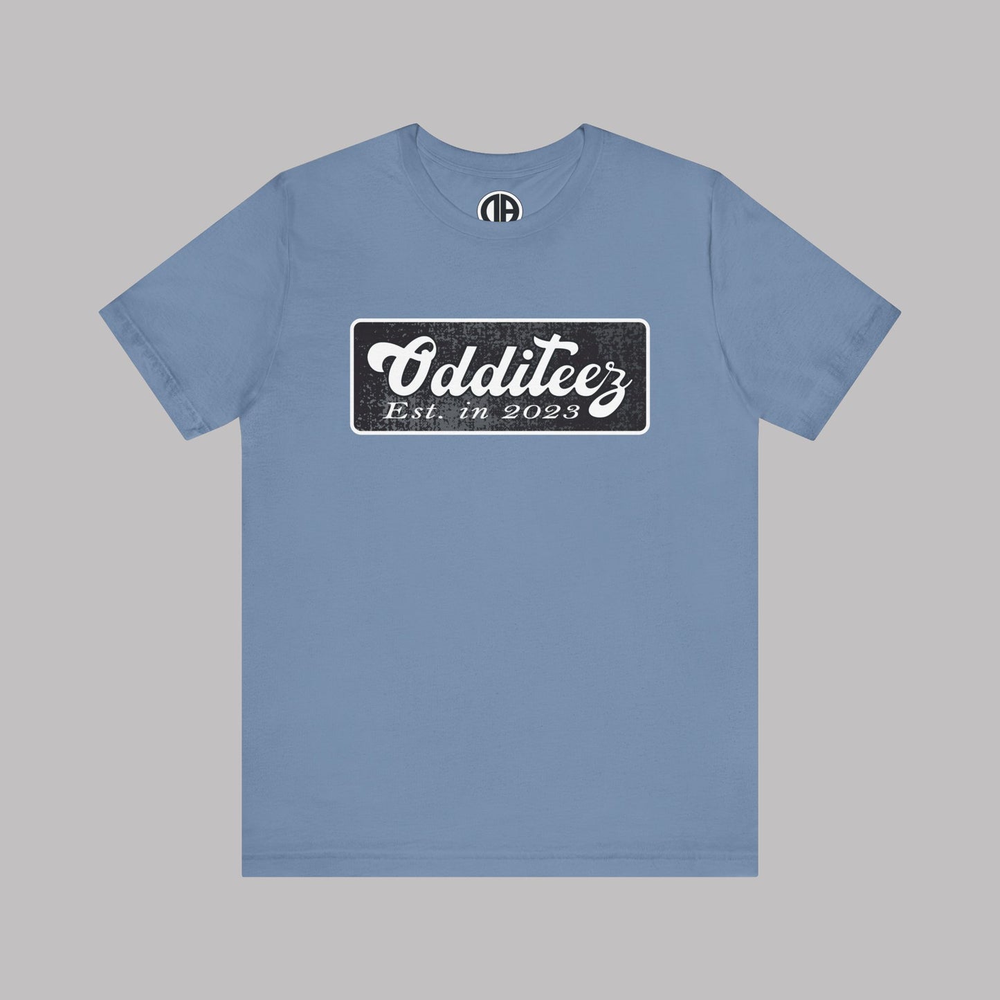 Vintage White Odditeez Varsity Letters rectangular logo design, Unisex Adult Short-Sleeve Graphic Print T-Shirts