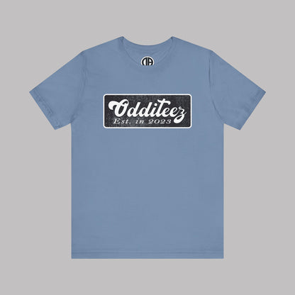 Vintage White Odditeez Varsity Letters rectangular logo design, Unisex Adult Short-Sleeve Graphic Print T-Shirts