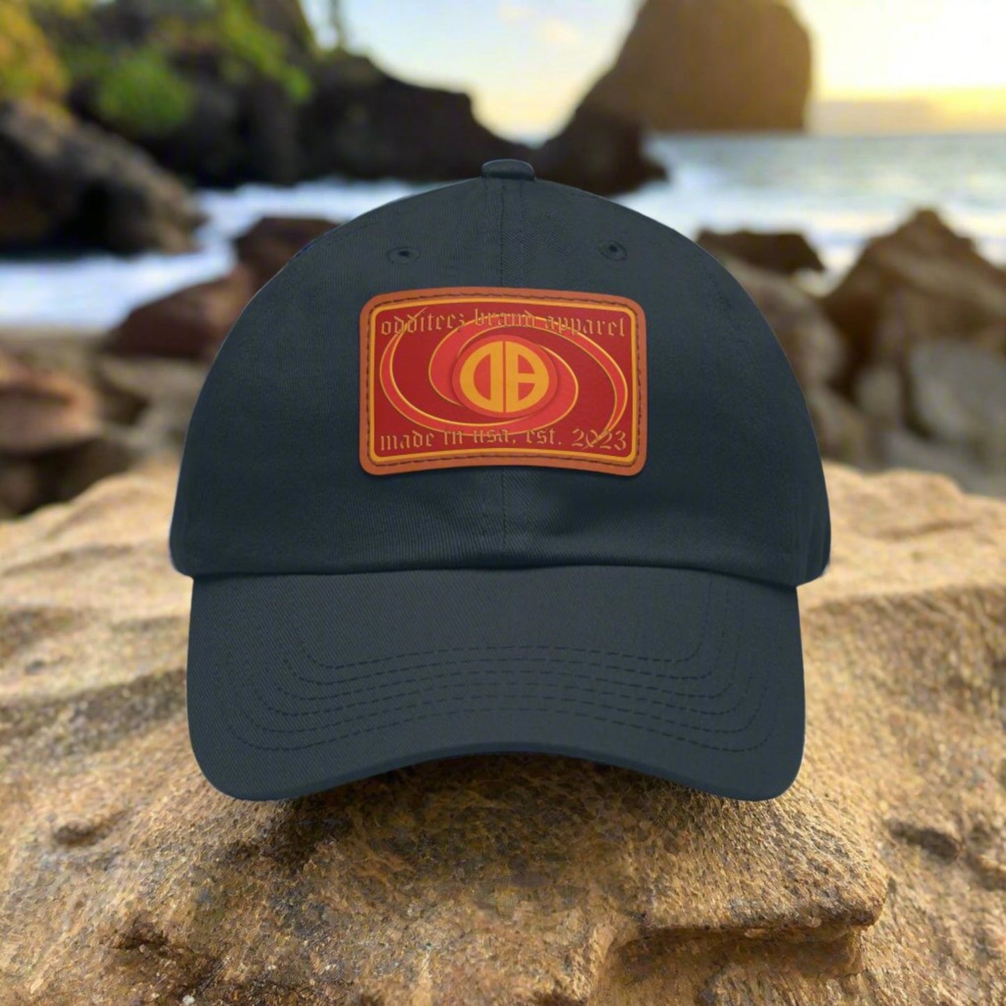 Psychedelic Swirly 3D effect logo design, Unisex Dad Hat with Red Rectangular Leather Patch