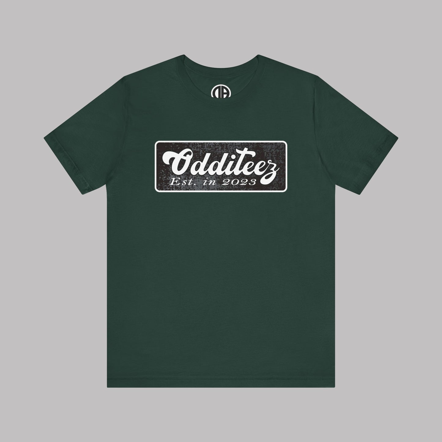 Vintage White Odditeez Varsity Letters rectangular logo design, Unisex Adult Short-Sleeve Graphic Print T-Shirts