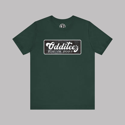 Vintage White Odditeez Varsity Letters rectangular logo design, Unisex Adult Short-Sleeve Graphic Print T-Shirts