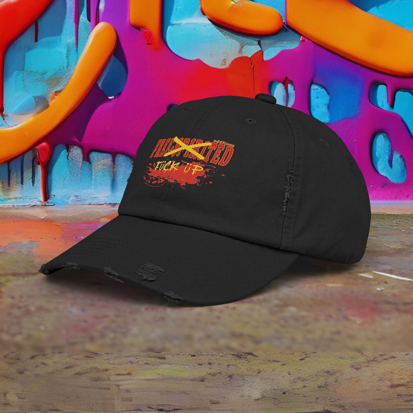 "Free-Spirited" Dark Red & Yellow Graffiti Spraypainted logo design, Unisex Distressed Baseball Caps