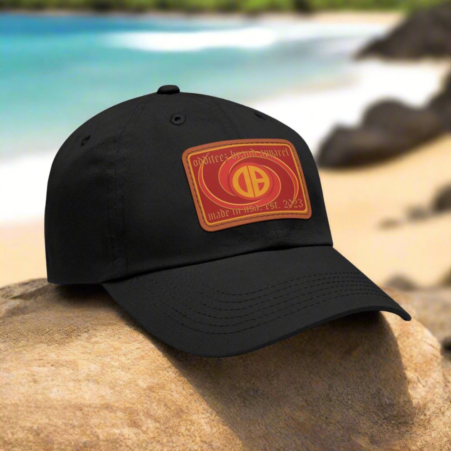 Psychedelic Swirly 3D effect logo design, Unisex Dad Hat with Red Rectangular Leather Patch