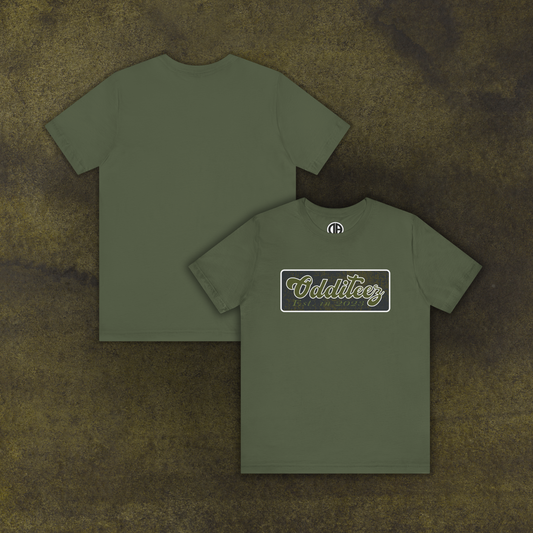 Vintage Military Green Odditeez Varsity Letters rectangular logo design, Unisex Adult Short-Sleeve Graphic Print T-Shirts