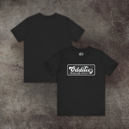 Vintage White Odditeez Varsity Letters rectangular logo design, Unisex Adult Short-Sleeve Graphic Print T-Shirts