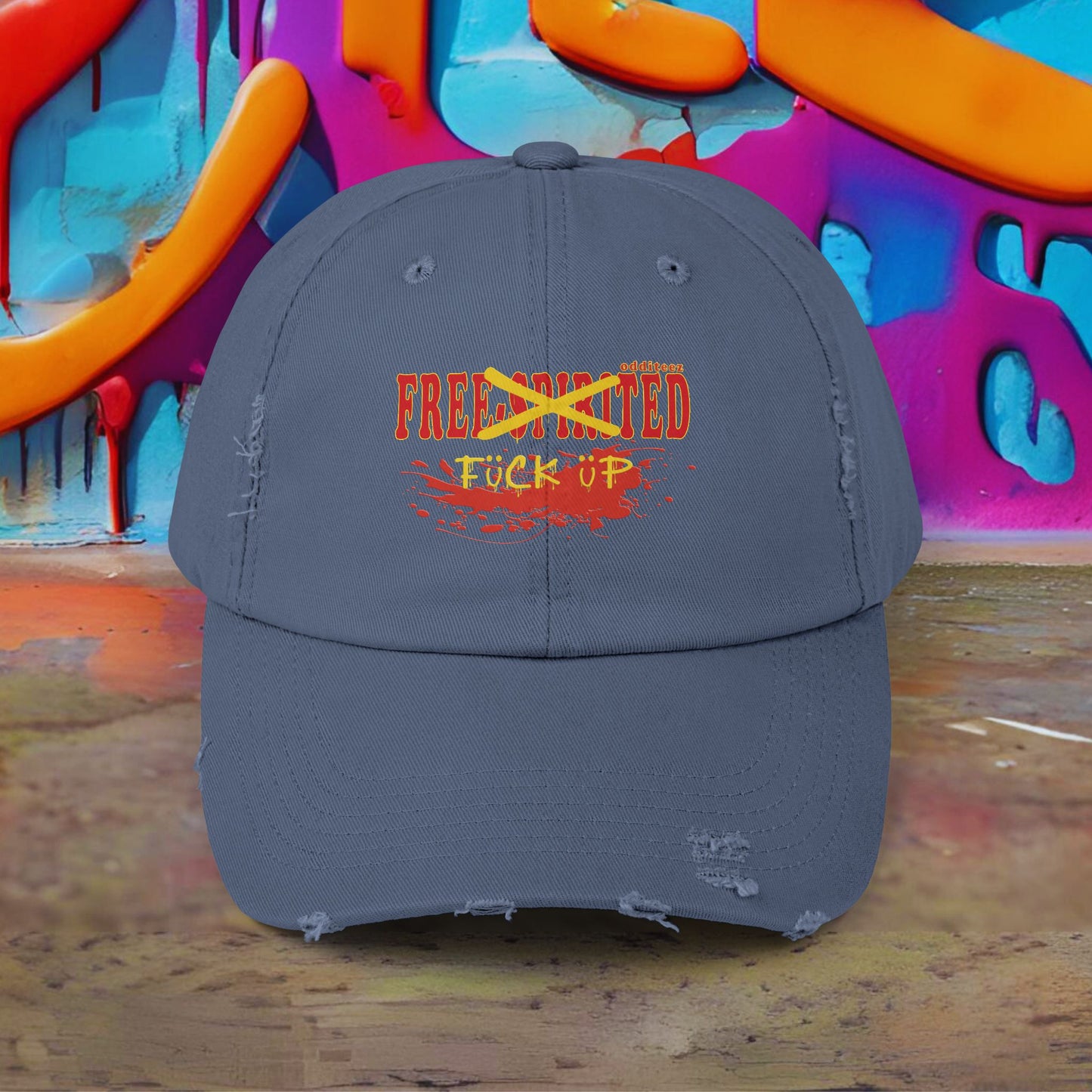 "Free-Spirited" Dark Red & Yellow Graffiti Spraypainted logo design, Unisex Distressed Baseball Caps