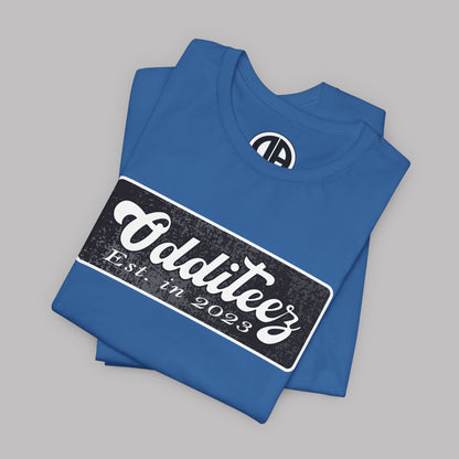Vintage White Odditeez Varsity Letters rectangular logo design, Unisex Adult Short-Sleeve Graphic Print T-Shirts
