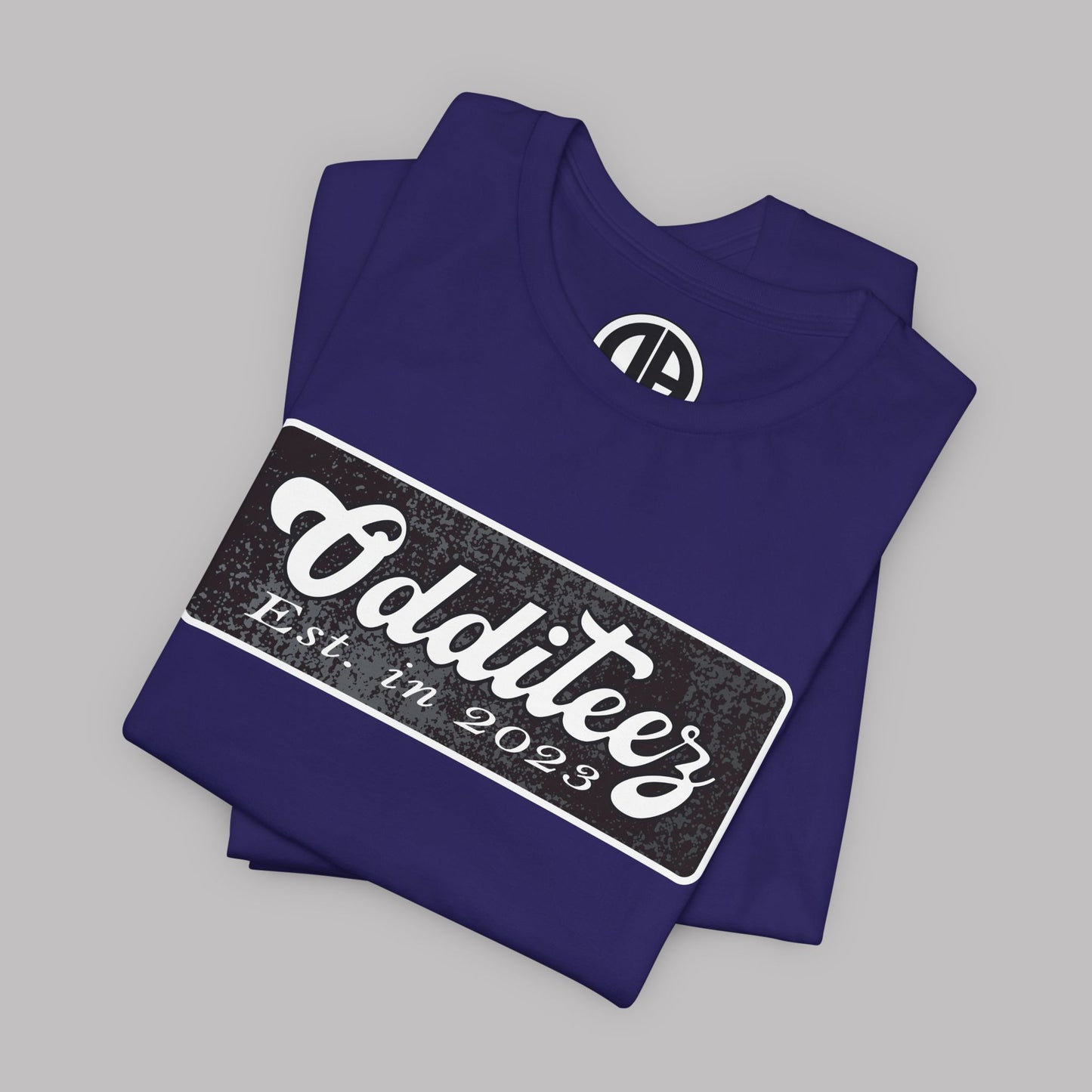 Vintage White Odditeez Varsity Letters rectangular logo design, Unisex Adult Short-Sleeve Graphic Print T-Shirts