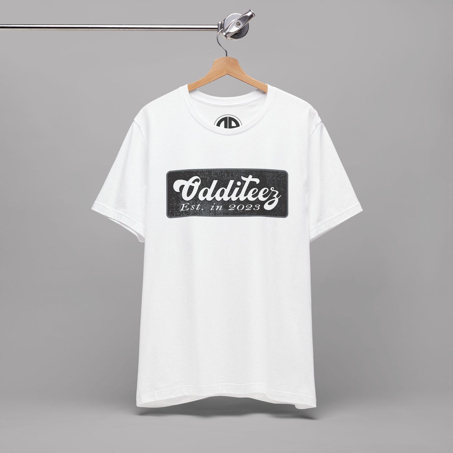 Vintage White Odditeez Varsity Letters rectangular logo design, Unisex Adult Short-Sleeve Graphic Print T-Shirts