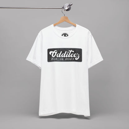 Vintage White Odditeez Varsity Letters rectangular logo design, Unisex Adult Short-Sleeve Graphic Print T-Shirts