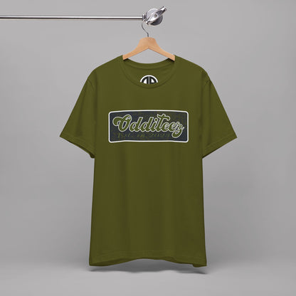 Vintage Military Green Odditeez Varsity Letters rectangular logo design, Unisex Adult Short-Sleeve Graphic Print T-Shirts