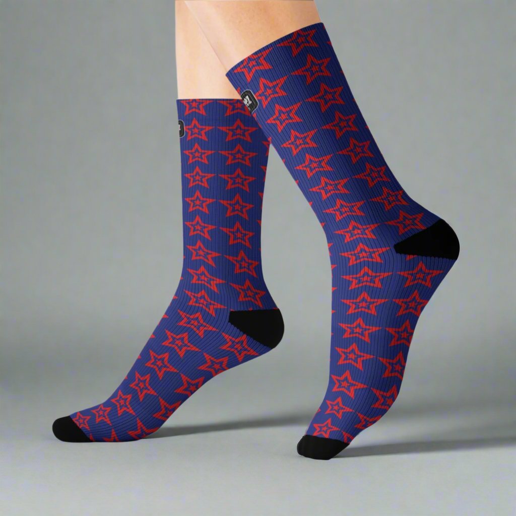 Red Star design, Dark Blue Unisex Calf-Length Sublimation Socks, 1 pair