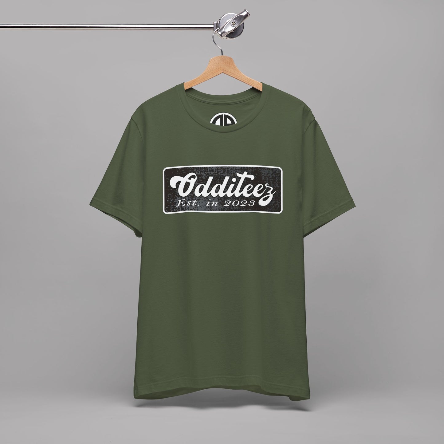 Vintage White Odditeez Varsity Letters rectangular logo design, Unisex Adult Short-Sleeve Graphic Print T-Shirts