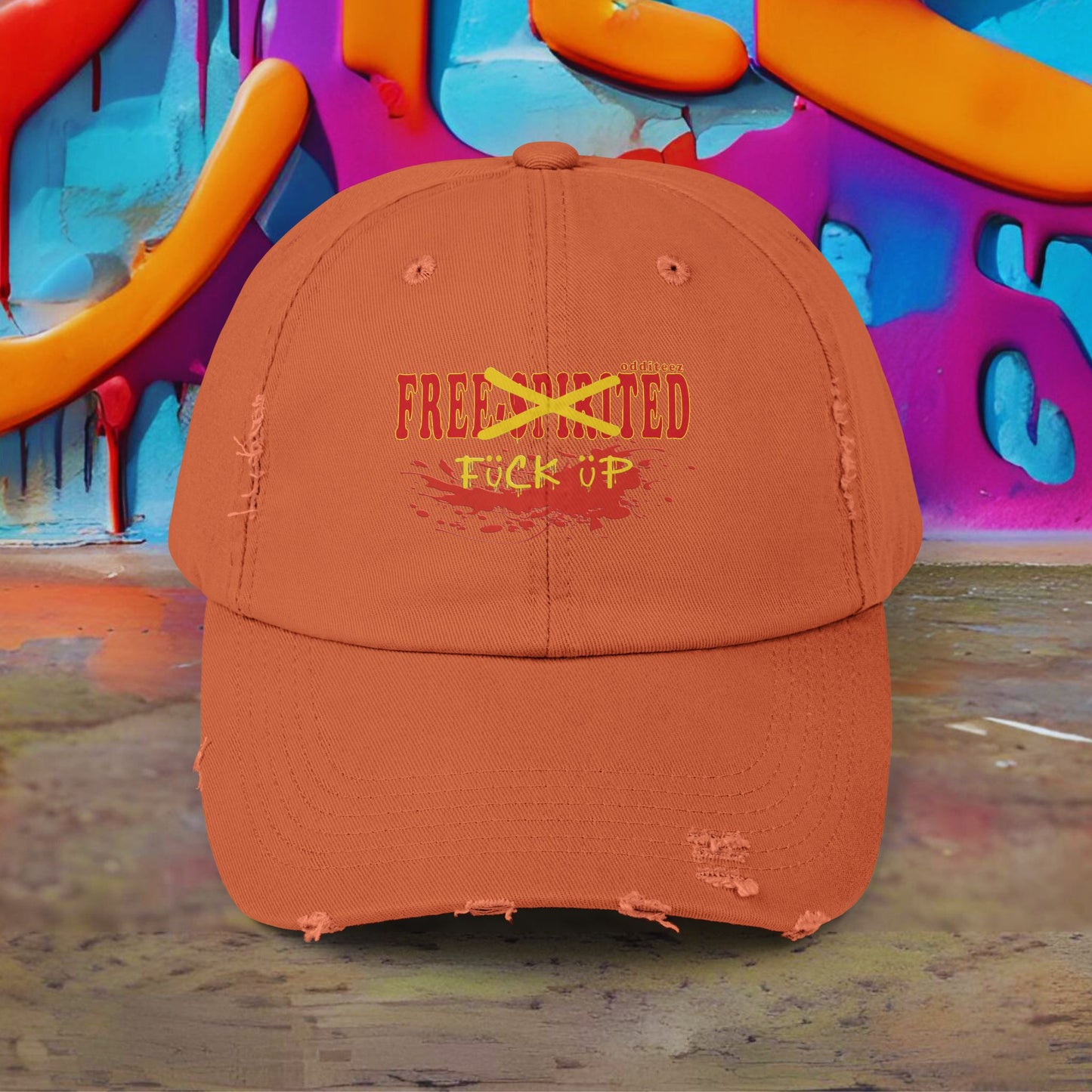 "Free-Spirited" Dark Red & Yellow Graffiti Spraypainted logo design, Unisex Distressed Baseball Caps