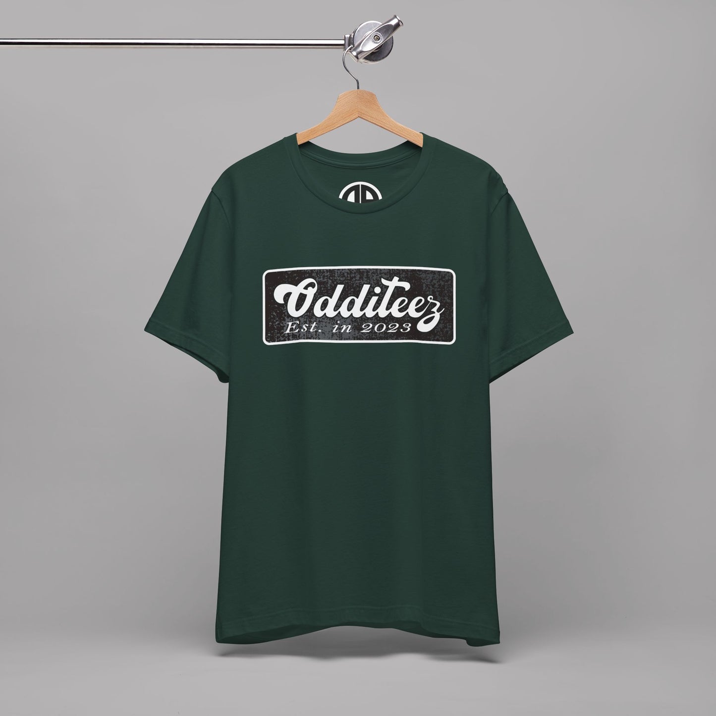 Vintage White Odditeez Varsity Letters rectangular logo design, Unisex Adult Short-Sleeve Graphic Print T-Shirts