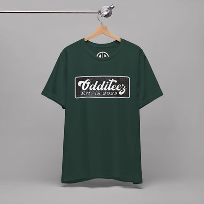 Vintage White Odditeez Varsity Letters rectangular logo design, Unisex Adult Short-Sleeve Graphic Print T-Shirts