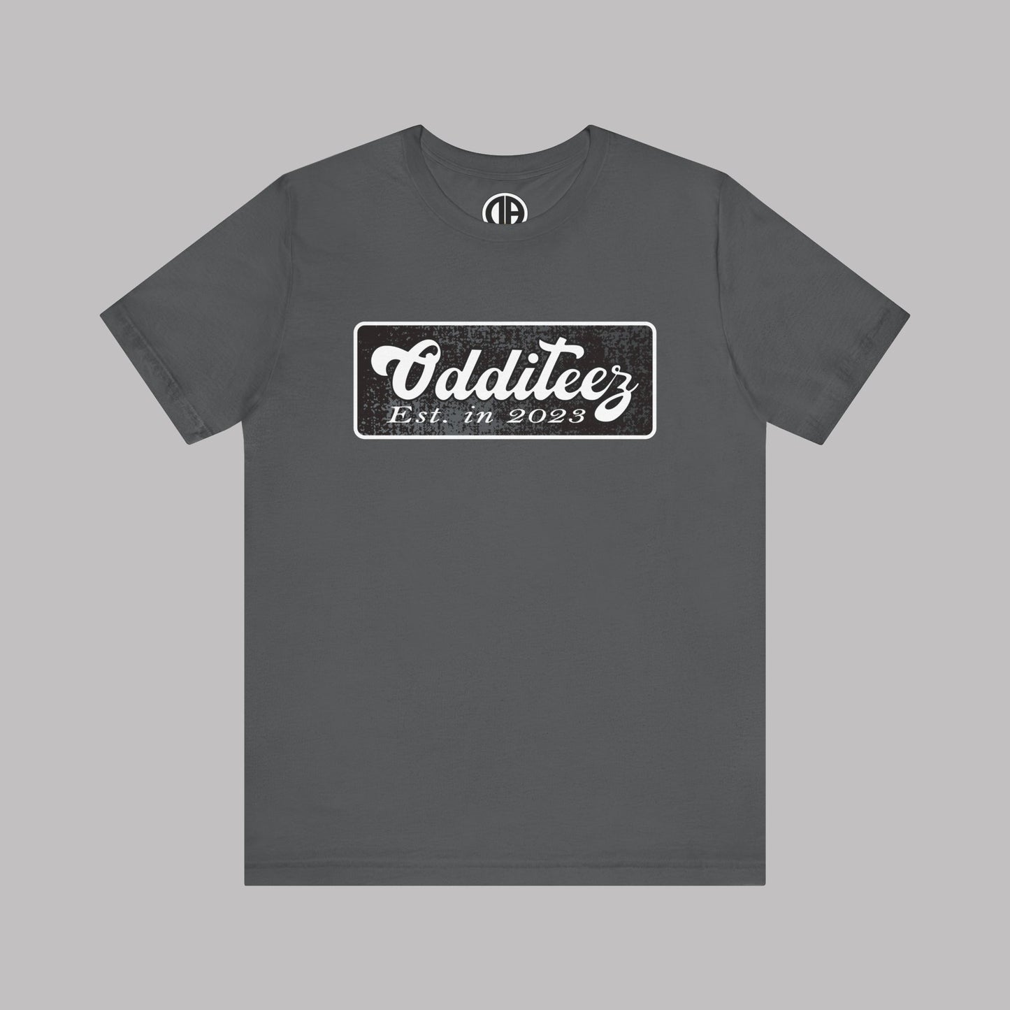 Vintage White Odditeez Varsity Letters rectangular logo design, Unisex Adult Short-Sleeve Graphic Print T-Shirts