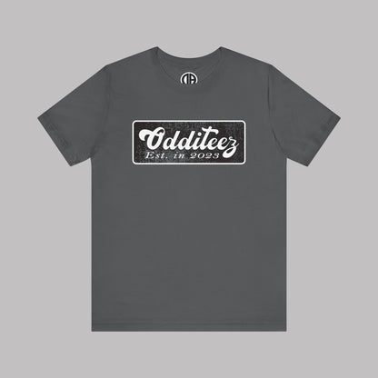 Vintage White Odditeez Varsity Letters rectangular logo design, Unisex Adult Short-Sleeve Graphic Print T-Shirts